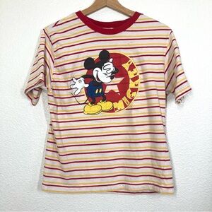 Y2K Mickey Mouse Red and Yellow Striped Tee Shirt  Short Sleeves M